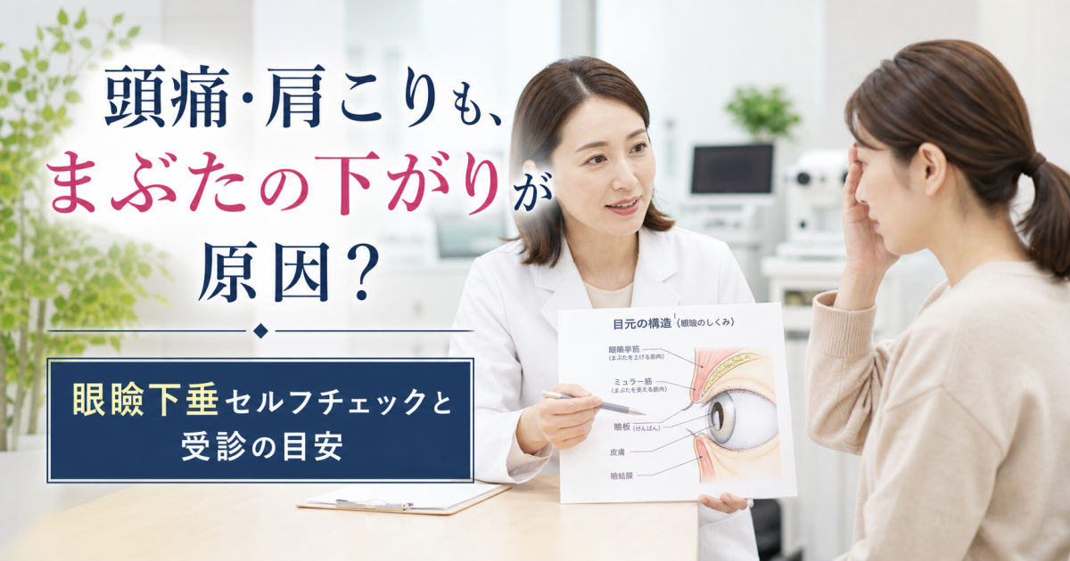 頭痛や肩こりもまぶたの下がりが原因？眼瞼下垂セルフチェックと受診目安
